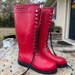 Ilse Jacobsen Red Lace-Up Tall Rain Boots waterproof EU 38 US 7.5- 8
